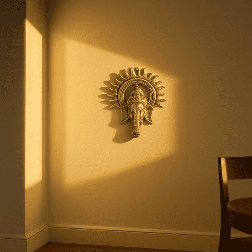 Golden Lord Ganesha Face With Sun Decorative Metal Wall Hanging ( 10 Inch )