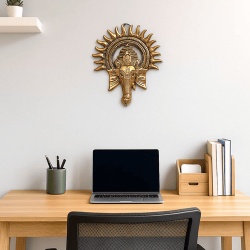 Golden Lord Ganesha Face With Sun Decorative Metal Wall Hanging ( 10 Inch )