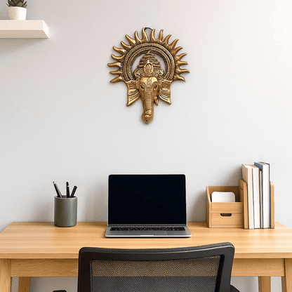 Golden Lord Ganesha Face With Sun Decorative Metal Wall Hanging ( 10 Inch )